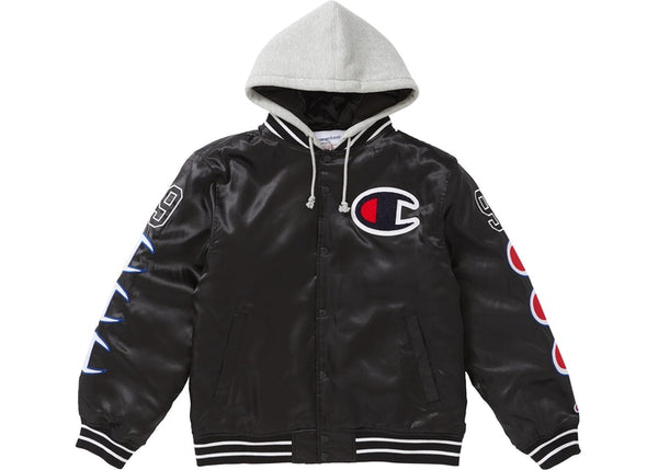 Supreme champion hooded satin varsity jacket black