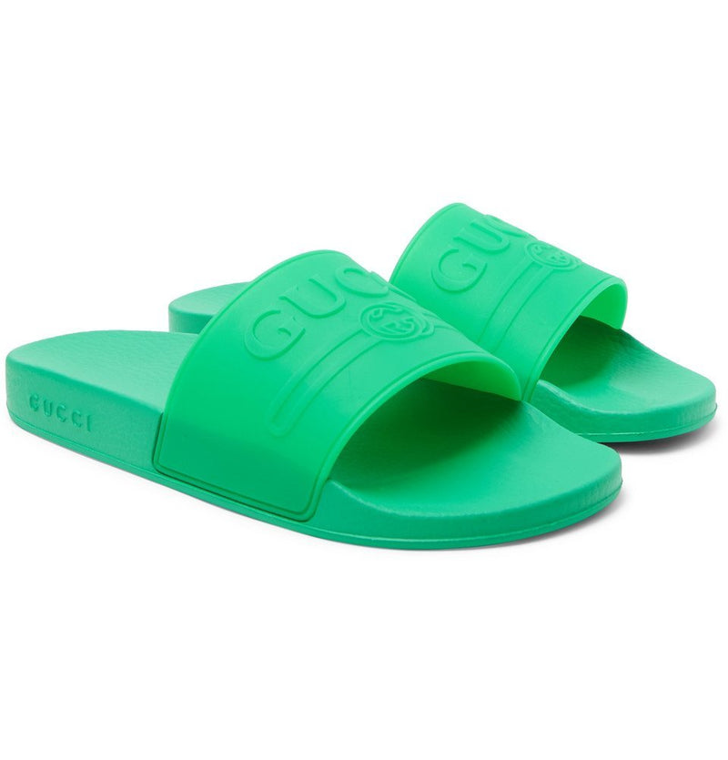 Gucci Logo Embossed Rubber Slides Bright green