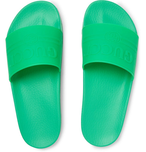 Gucci Logo Embossed Rubber Slides Bright green